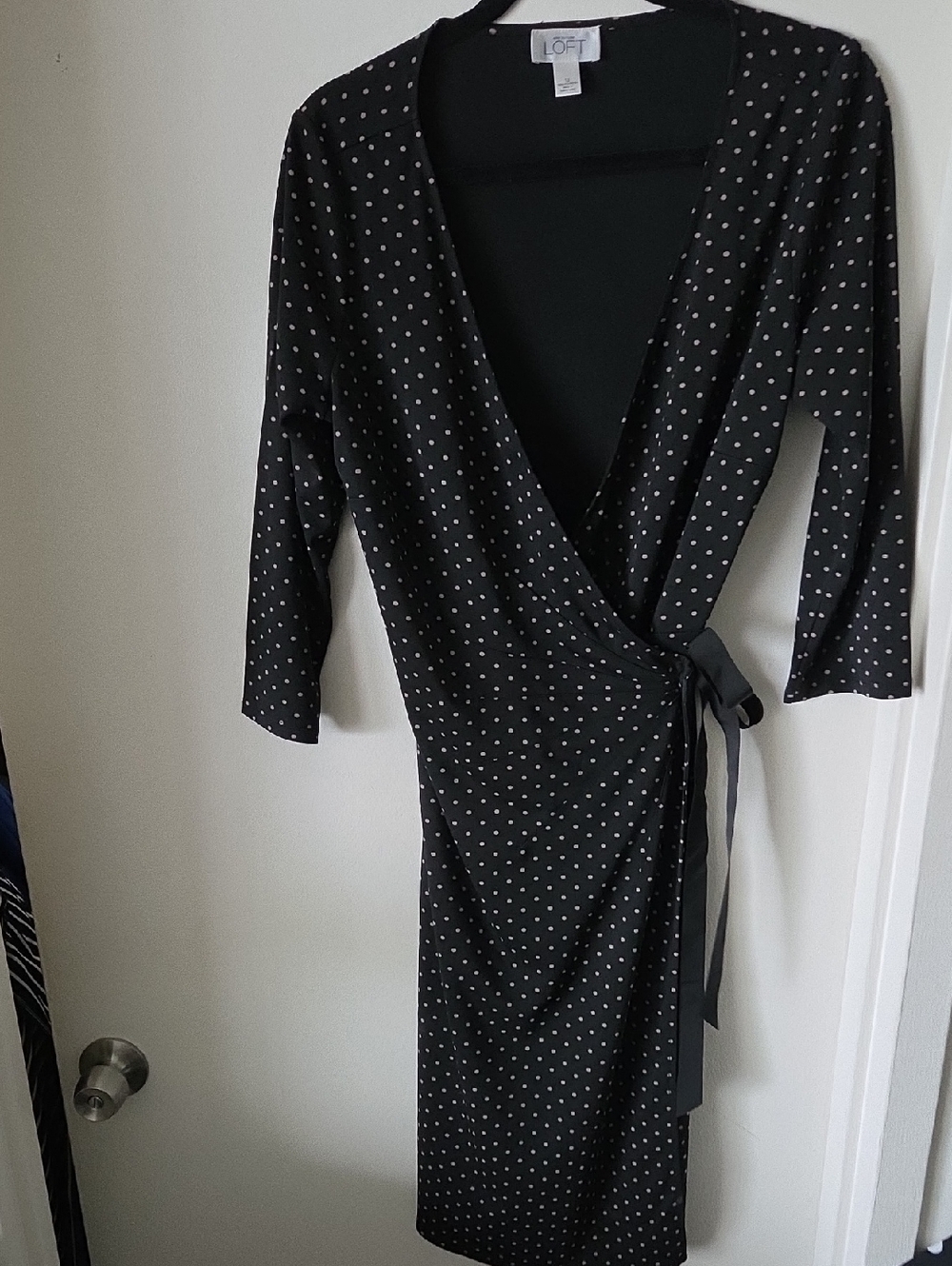 LOFT Black Wrap Midi Dress with Tan Polka Dots